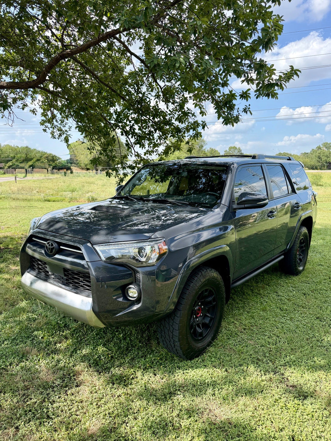 Black 5th gen Toyota 4Runner TRD Off-Road parked on grass under a tree